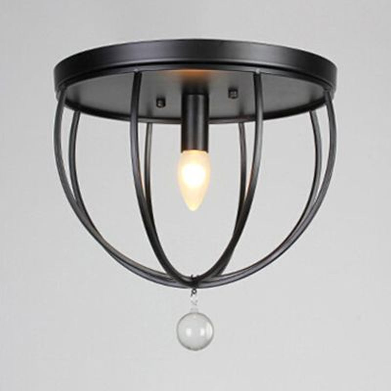 Retro Black Metallic Flush Mount Ceiling Light With Wire Cage And Clear Crystal Ball - 1/4/5 Heads