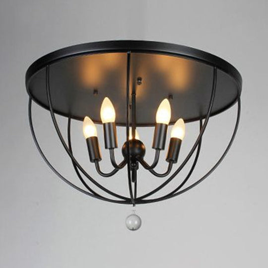 Retro Black Metallic Flush Mount Ceiling Light With Wire Cage And Clear Crystal Ball - 1/4/5 Heads