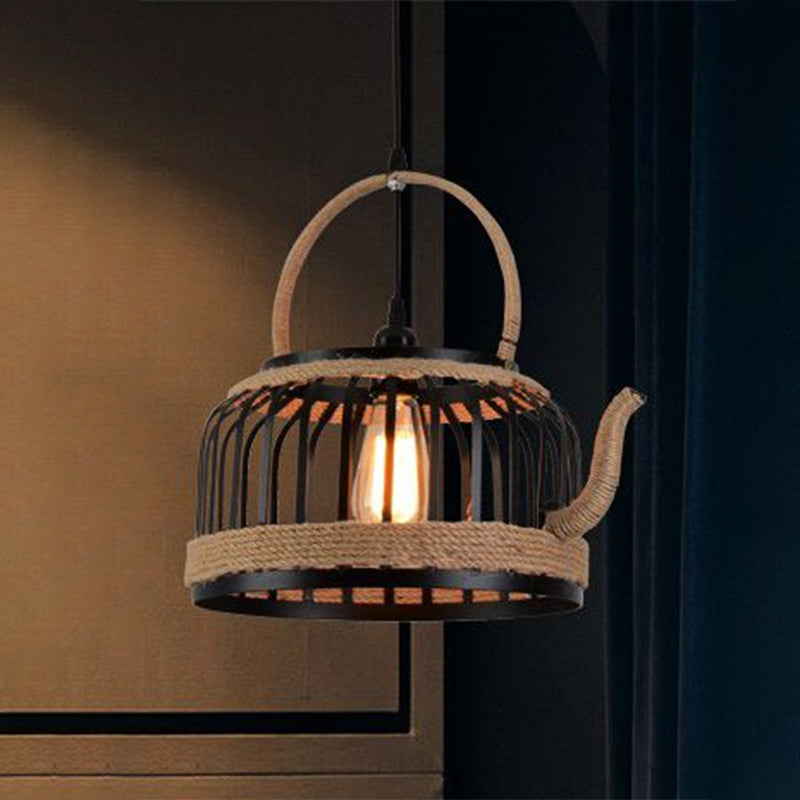 Vintage Kettle Cage Pendant Light - Metal & Rope Hanging Lamp In Beige Ideal For Restaurants