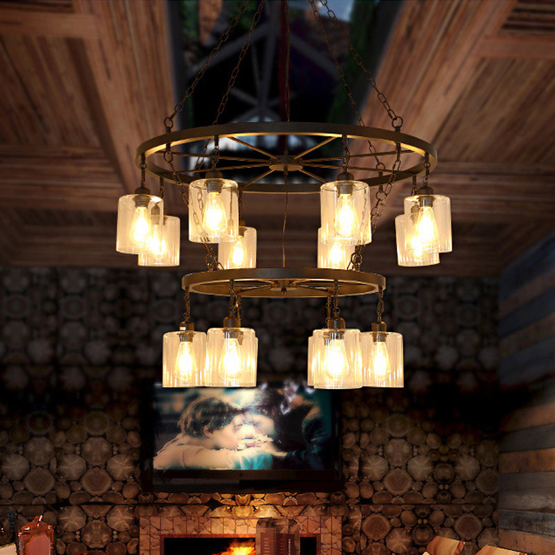 Industrial Pendant Chandelier: 2-Tier Wheel Multi-Light Lamp With Clear Glass Black Finish And