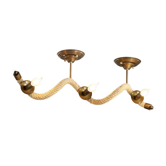 3 - Head Wavy Rope Semi - Mount Ceiling Light Fixture - Vintage Brass Finish With Metallic Shine