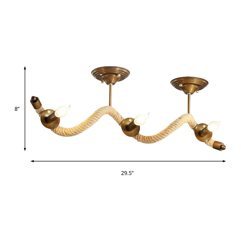 3 - Head Wavy Rope Semi - Mount Ceiling Light Fixture - Vintage Brass Finish With Metallic Shine