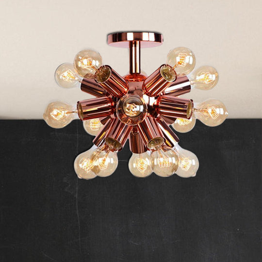 Vintage Copper Starburst Ceiling Light With Bare Bulb - Ideal For Restaurants (6/9 Heads)