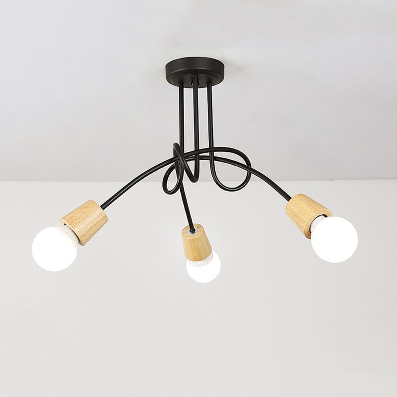 Loft Style Metal Ceiling Light With Open Bulb & Twisted Arm – 3/5 Lights Wood Accent Perfect For