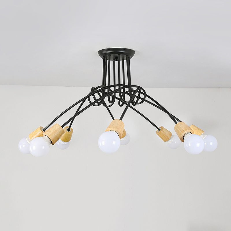 Loft Style Metal Ceiling Light With Open Bulb & Twisted Arm – 3/5 Lights Wood Accent Perfect For
