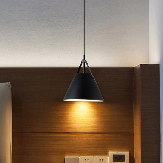 Modernist Conical Pendant Light 10.5/14 W 1-Bulb Metallic Suspension With Leather Strap Black/Blue