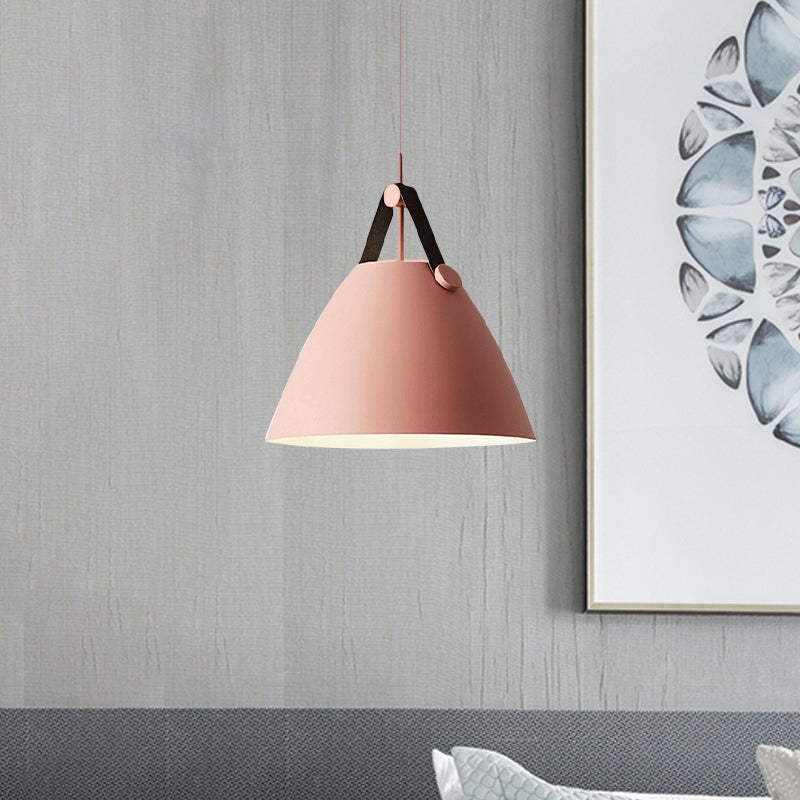 Modernist Conical Pendant Lighting - Metallic Suspension Light With Leather Strap Black/Blue