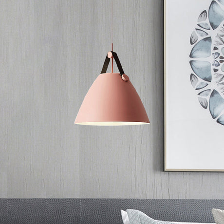 Modernist Conical Pendant Light 10.5/14 W 1-Bulb Metallic Suspension With Leather Strap Black/Blue