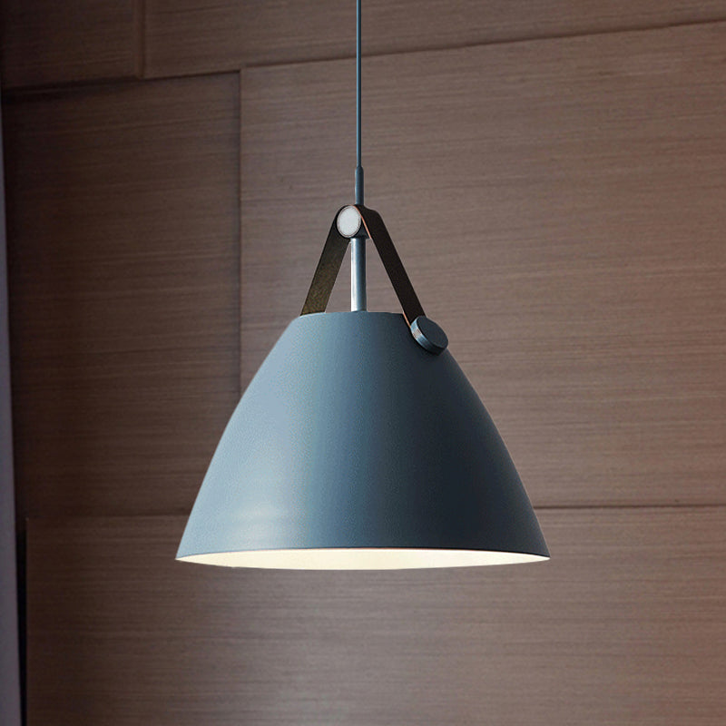Modernist Conical Pendant Light 10.5/14 W 1-Bulb Metallic Suspension With Leather Strap Black/Blue