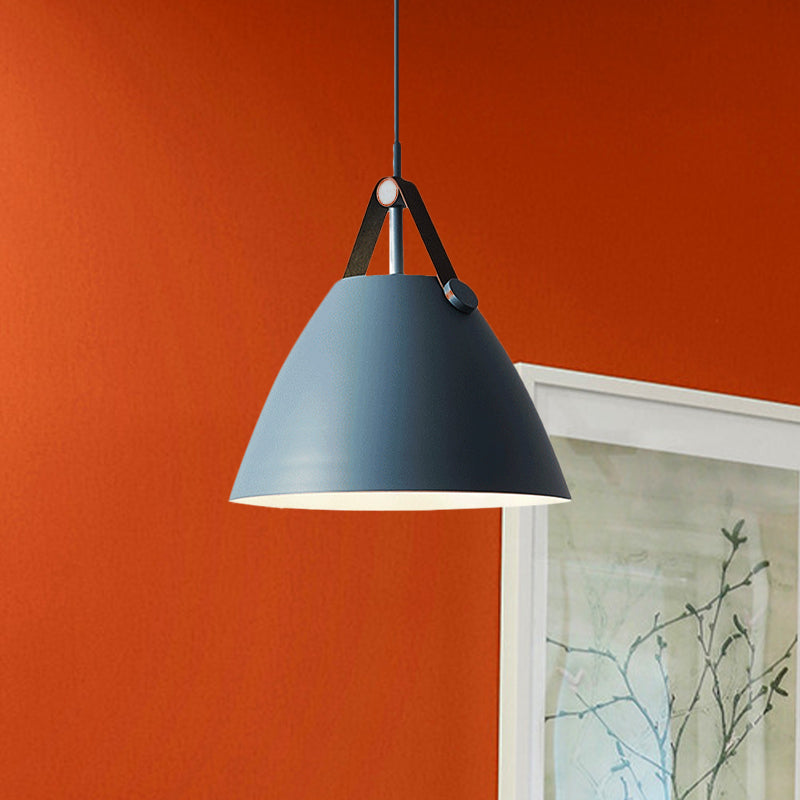 Modernist Conical Pendant Light 10.5/14 W 1-Bulb Metallic Suspension With Leather Strap Black/Blue