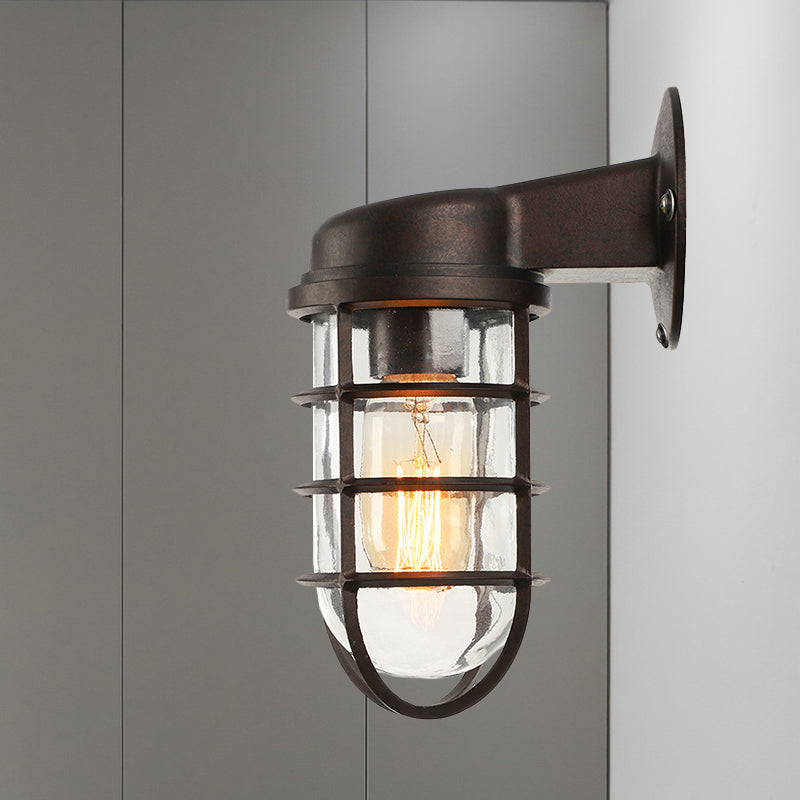 Clear Glass Caged Sconce Light - Black/White/Rust 1-Light Traditional Wall Lamp For Porch
