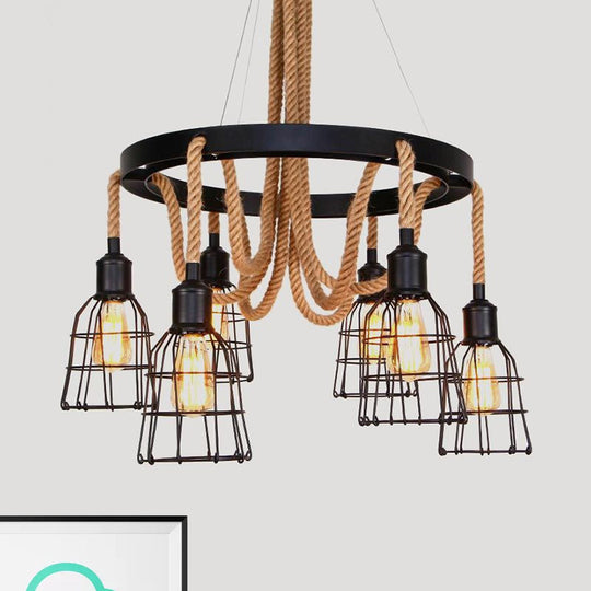 Vintage Style Black Multi-Light Chandelier Pendant With Rope Detail - Metal Global/Bell Cage Lamp