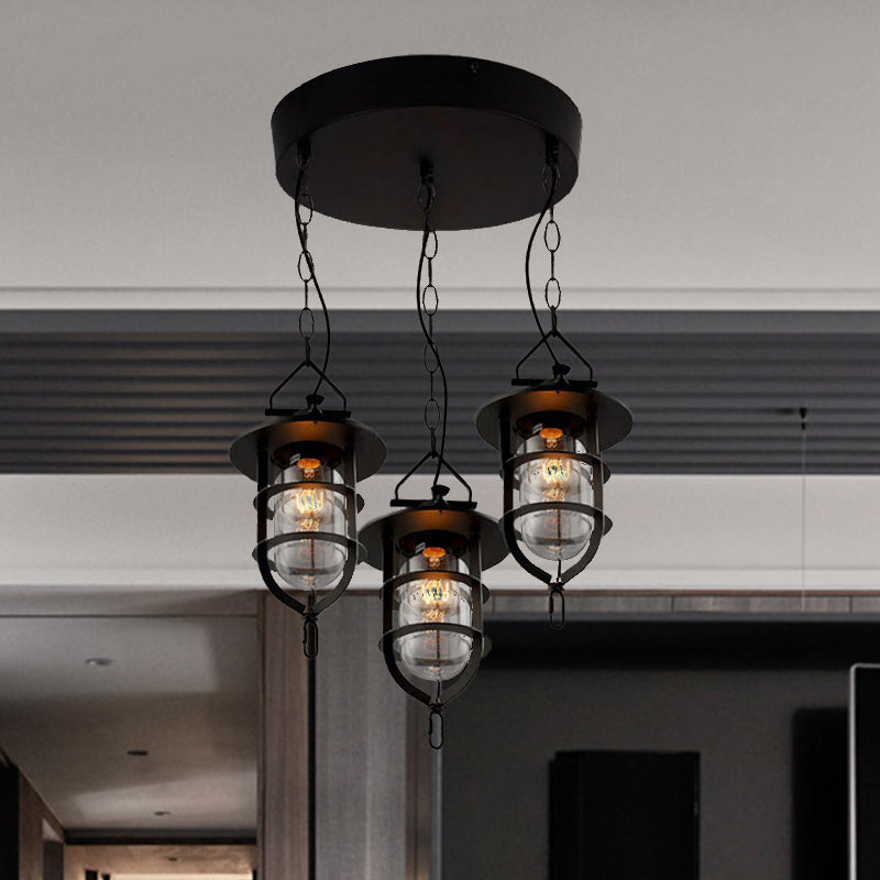 Vintage Black Caged Glass Multi Pendant 3-Light Fixture For Living Room - Round Canopy Hangs With