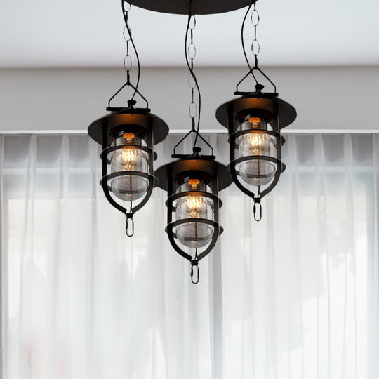 Vintage Black Caged Glass Multi Pendant 3-Light Fixture For Living Room - Round Canopy Hangs With