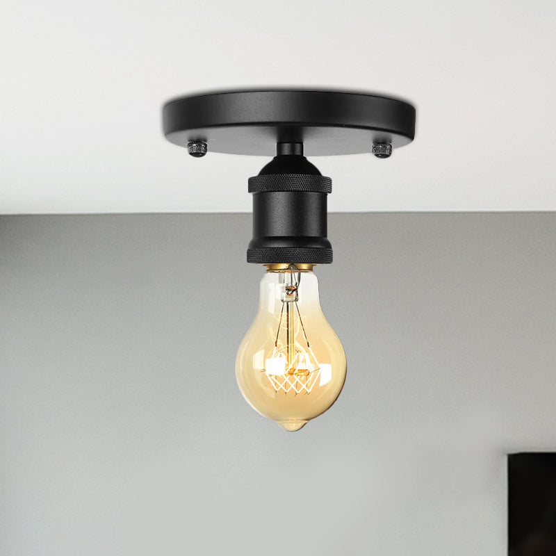 Retro Industrial Metal Black/Brass Finish Ceiling Lighting - Exposed Bulb Semi Flush Mount Light