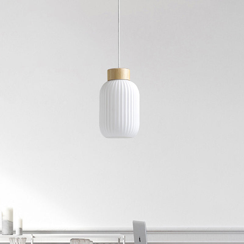 Modern Milk Glass Ribbed Cylinder Pendant Light - 5.5’/8’/12’ 1 White Ceiling Fixture For