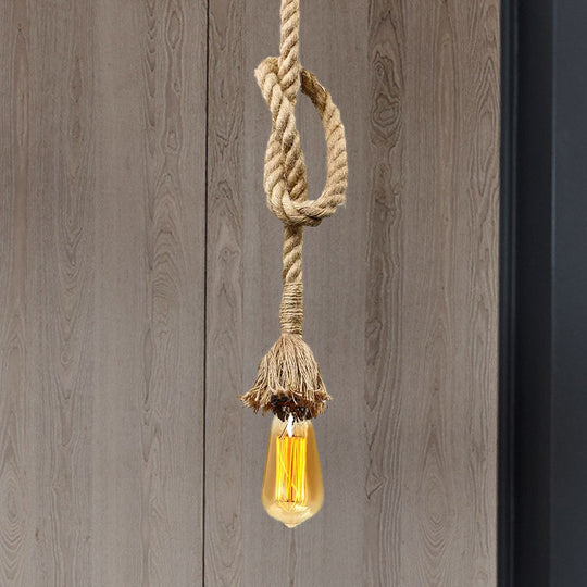 Minimalist Exposed Hanging Lamp: Adjustable Ceiling Light Fixture With Natural Rope Beige Shade