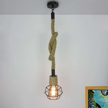 Vintage Global Cage Pendant Light In Metallic Black With Rope Cord - 1 Head Ceiling Fixture