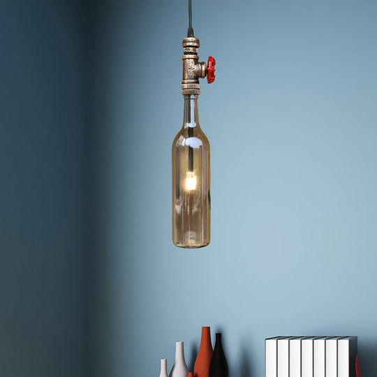 Antique Glass Water Pipe Pendant Light With Bottle Shade And Valve For Restaurant Ceiling Fixture -