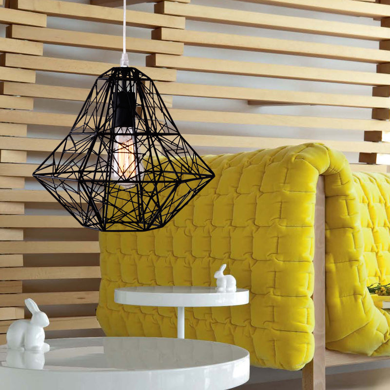 Metallic Industrial Cage Diamond Pendant Lighting - Black/White 1 Head For Dining Room 16’/19.5’ Dia