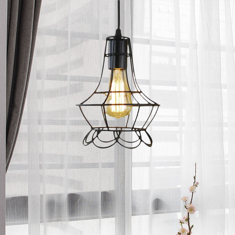 Industrial Metal Pendant Lighting With Height Adjustable Flower Cage Shade - Perfect For Bedroom