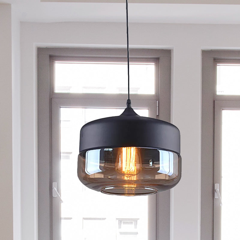 Industrial Cylinder Pendant Light With Brown Glass Shade - 1-Light Hanging Ceiling Fixture In Black
