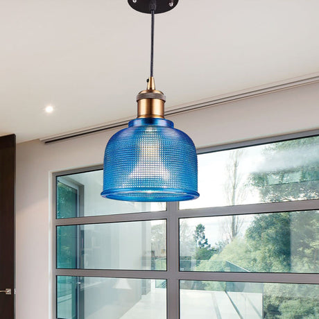 Industrial Brass Prismatic Glass Dome Pendant Light In Red/Bronze/Blue - Single-Light Fixture