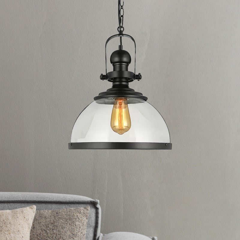 Industrial Style Single-Led Pendant Light: Black Clear Glass Lantern For Dining Room