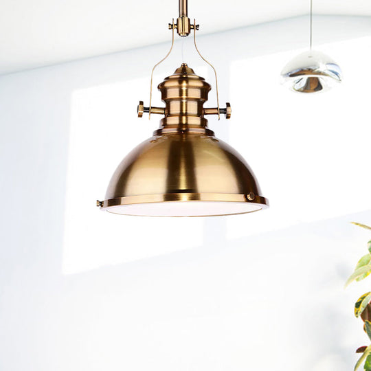 Antique Brass Pendant Light With Frosted Diffuser - Vintage Style Metal Dome Shade 1-Light Hanging