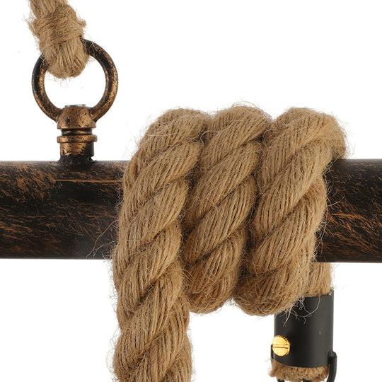 Vintage Style Globe Cage Island Lighting With 3 Heads Beige Metal And Rope Hanging Light For Dining