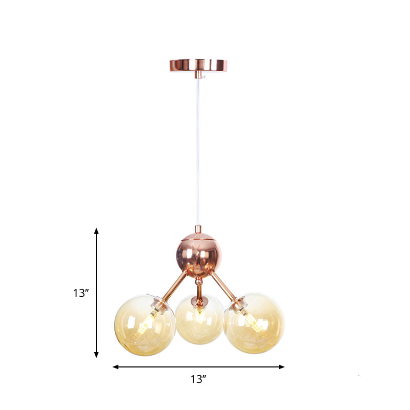 Vintage Copper Chandelier With Clear/Amber Glass Orb Shades - 3/9/12 Lights Branch Design