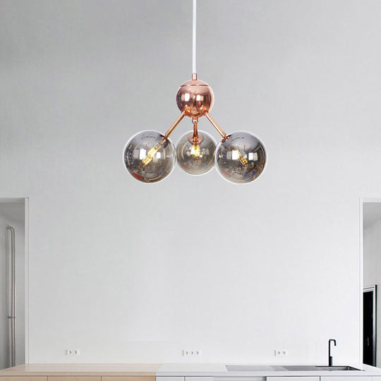 Vintage Copper Chandelier With Clear/Amber Glass Orb Shades - 3/9/12 Lights Branch Design