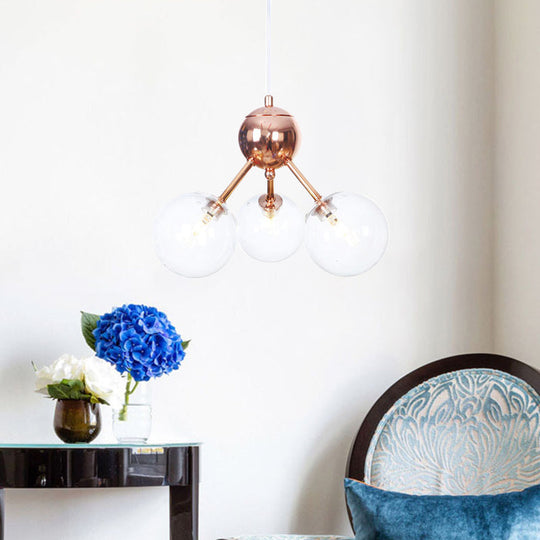 Vintage Copper Chandelier With Clear/Amber Glass Orb Shades - 3/9/12 Lights Branch Design