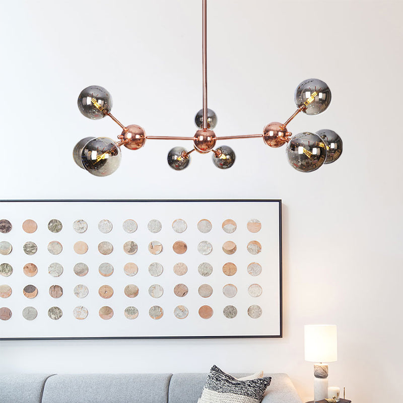 Vintage Copper Chandelier With Clear/Amber Glass Orb Shades - 3/9/12 Lights Branch Design