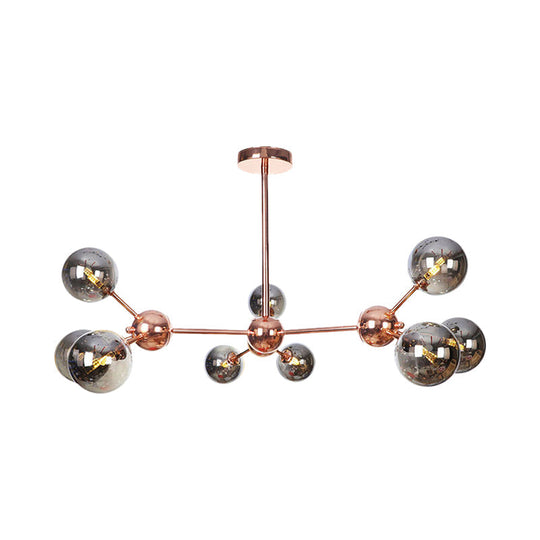 Vintage Copper Chandelier With Clear/Amber Glass Orb Shades - 3/9/12 Lights Branch Design