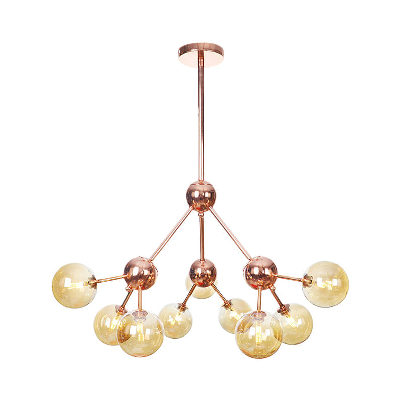 Vintage Copper Chandelier With Clear/Amber Glass Orb Shades - 3/9/12 Lights Branch Design