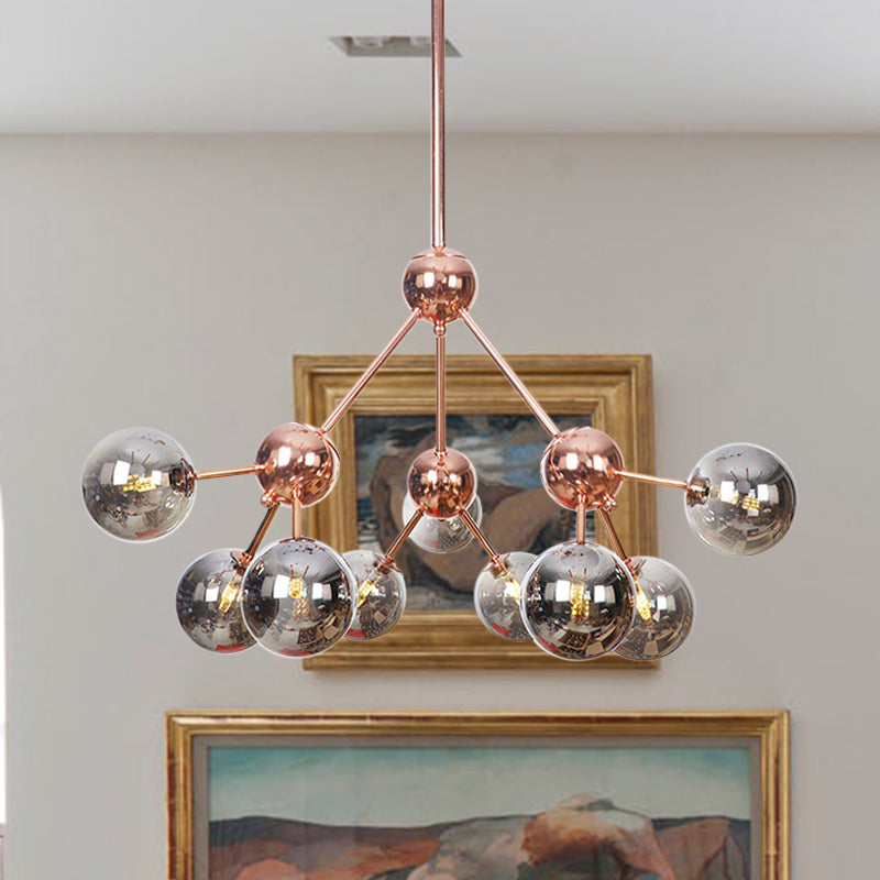 Vintage Copper Chandelier With Clear/Amber Glass Orb Shades - 3/9/12 Lights Branch Design
