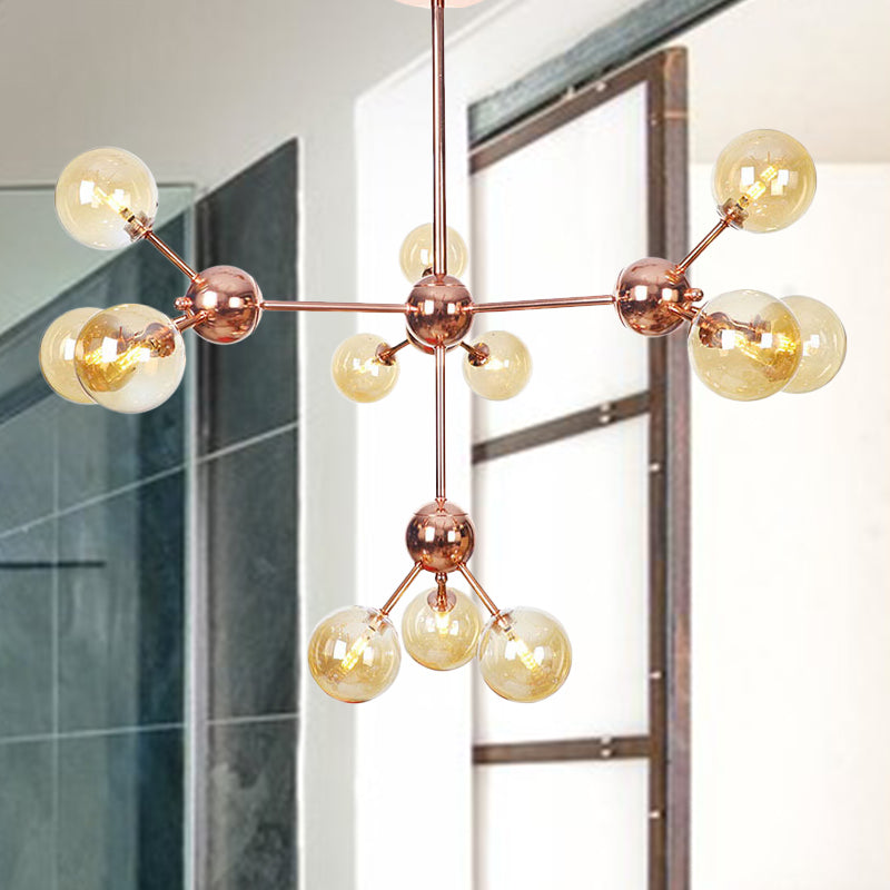 Vintage Copper Chandelier With Clear/Amber Glass Orb Shades - 3/9/12 Lights Branch Design