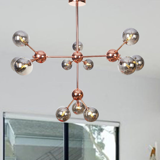 Vintage Copper Chandelier With Clear/Amber Glass Orb Shades - 3/9/12 Lights Branch Design