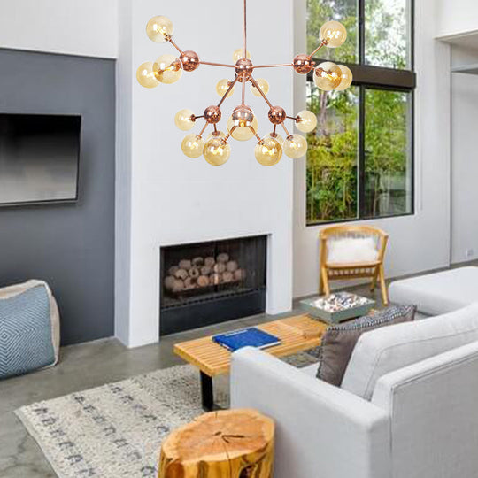 Vintage Copper Chandelier With Clear/Amber Glass Orb Shades - 3/9/12 Lights Branch Design