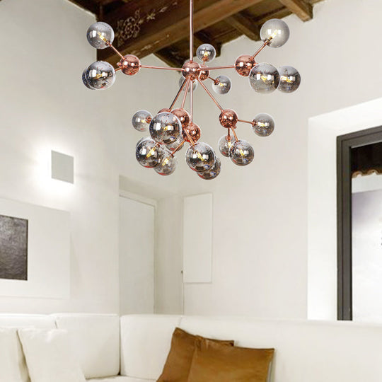 Vintage Copper Chandelier With Clear/Amber Glass Orb Shades - 3/9/12 Lights Branch Design