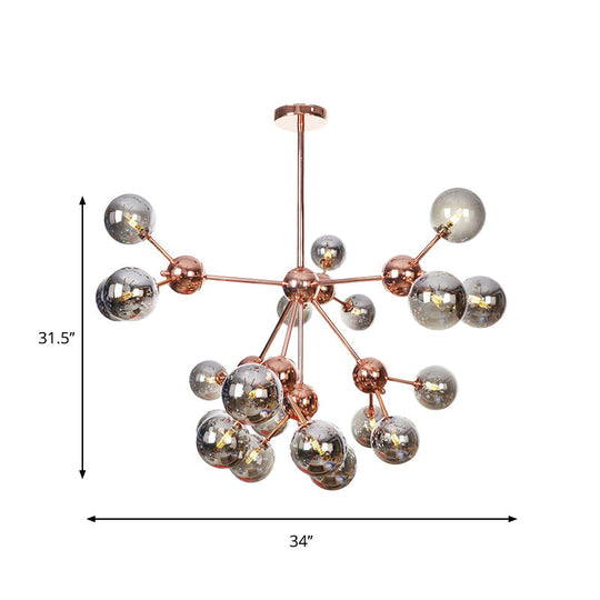 Vintage Copper Chandelier With Clear/Amber Glass Orb Shades - 3/9/12 Lights Branch Design