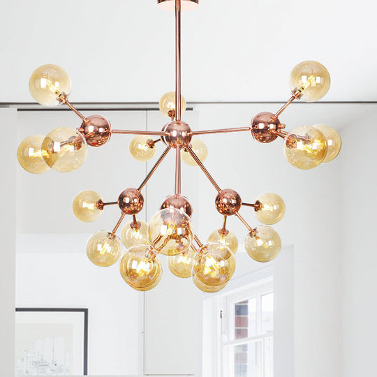 Vintage Copper Chandelier With Clear/Amber Glass Orb Shades - 3/9/12 Lights Branch Design