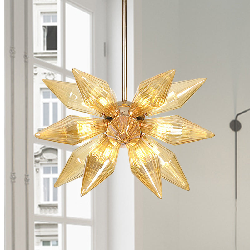 Diamant-Kronleuchter aus klarem/bernsteinfarbenem Glas – Industrielle Küchen-Pendelleuchte (9/12/15 Köpfe) in Chrom/Gold