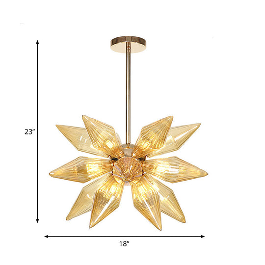 Diamant-Kronleuchter aus klarem/bernsteinfarbenem Glas – Industrielle Küchen-Pendelleuchte (9/12/15 Köpfe) in Chrom/Gold