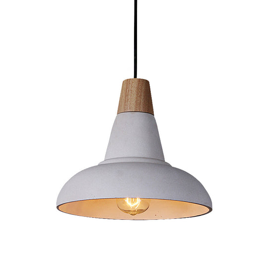 Industrial Style Cement And Wood Pendant Light With Grey/White Bowl Shade