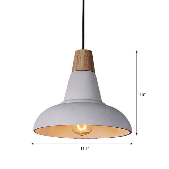 Industrial Style Cement And Wood Pendant Light With Grey/White Bowl Shade
