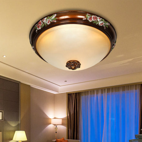 Frosted Glass Dome Shape Ceiling Flush Vintage Light Fixture With Blossom Design - Brown