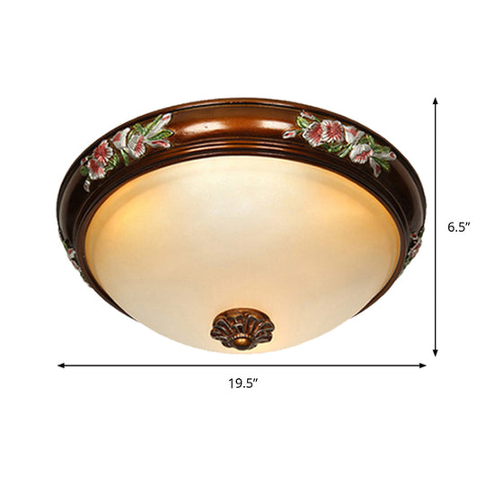 Frosted Glass Dome Shape Ceiling Flush Vintage Light Fixture With Blossom Design - Brown