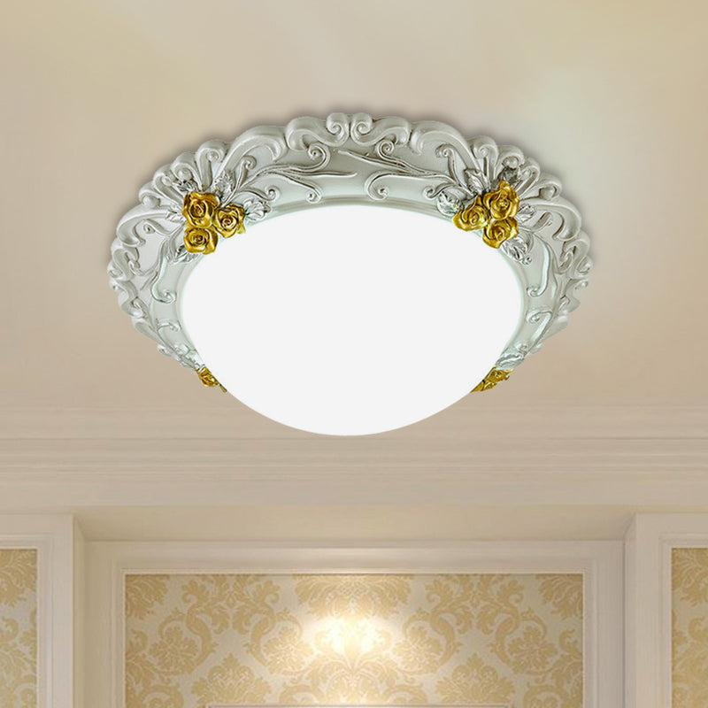 Milky Glass Led Ceiling Fixture - Traditional Semi-Orb Flush Mount Light With White And Gold/Brown